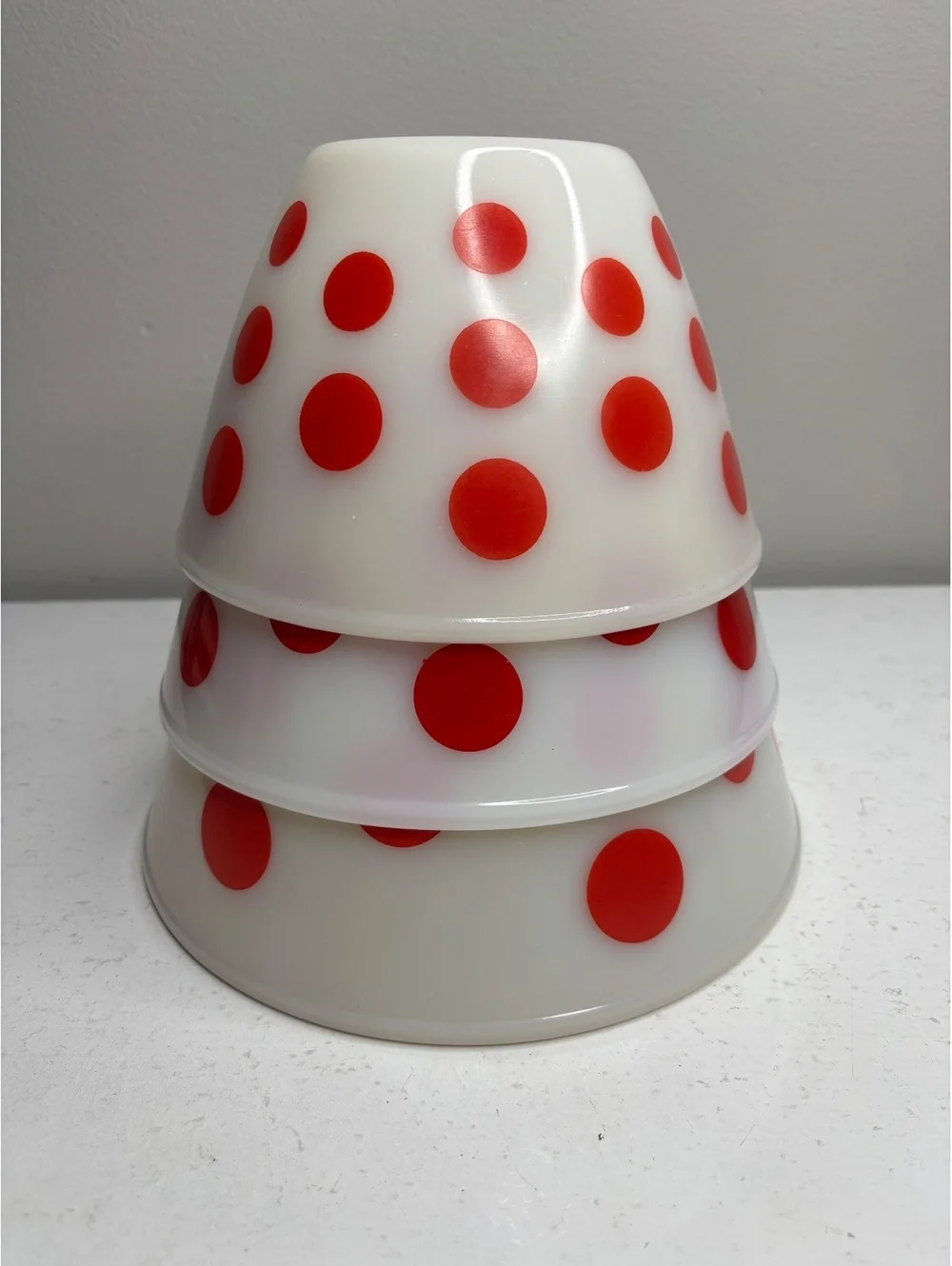 Vintage Fire King Red Polk Dot Milk Glass Oven Ware Mixing Bowl Set of 3